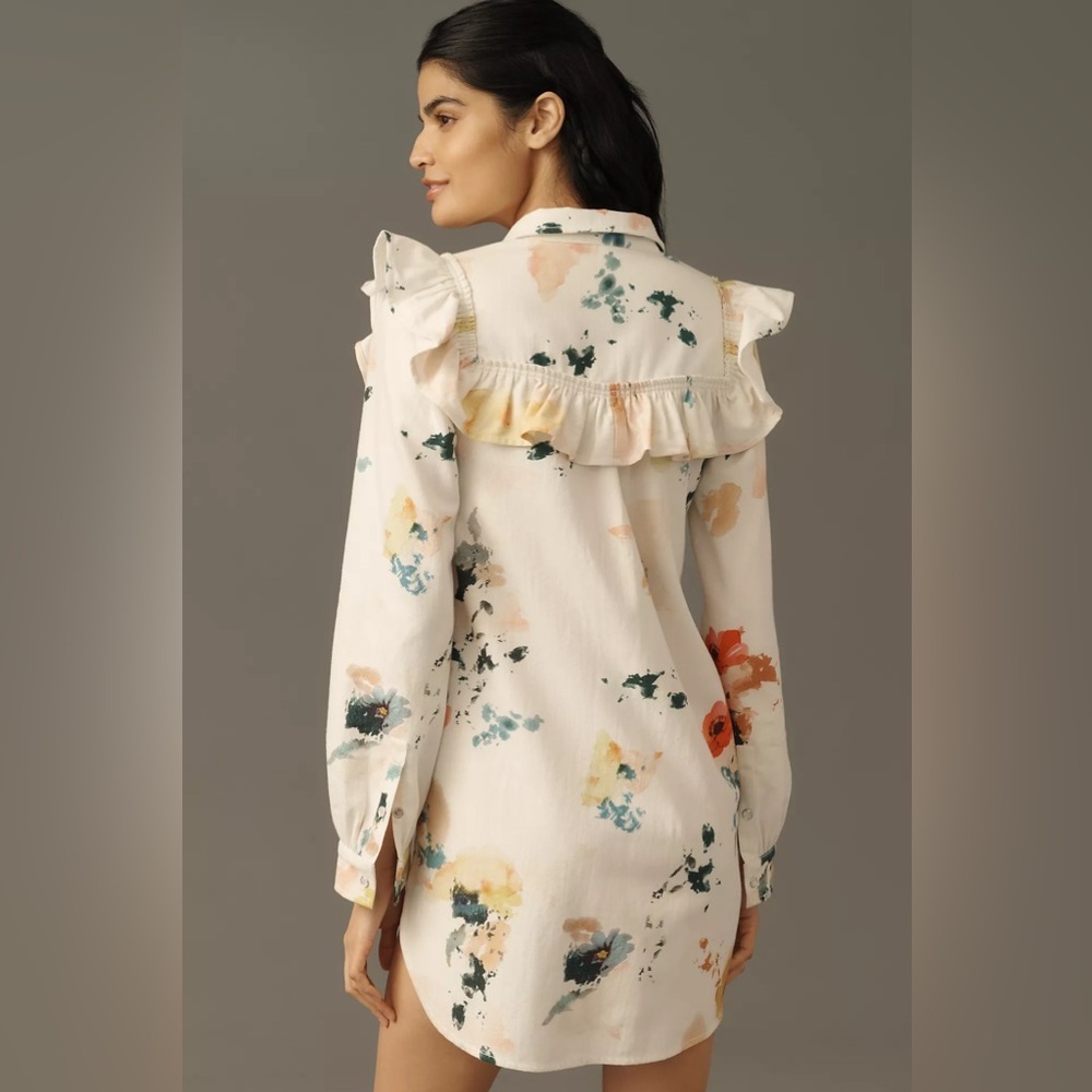 NWT Anthropologie Pilcro Small Long-Sleeve Ruffled Denim Mini Shirt Dress - Picture 3 of 13